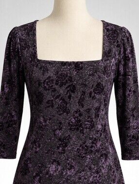 Vintage 90s Wrapper Purple Black Floral Lace Top Square Neck Whimsigoth S/M